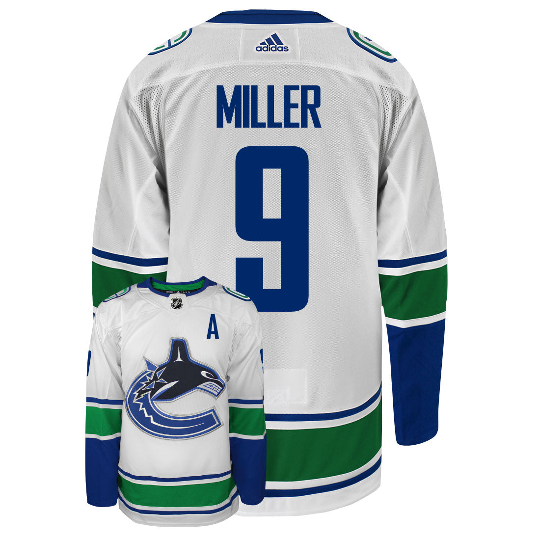 JT Miller Vancouver Canucks Adidas Primegreen Authentic Away NHL Hockey Jersey - Back/Front View