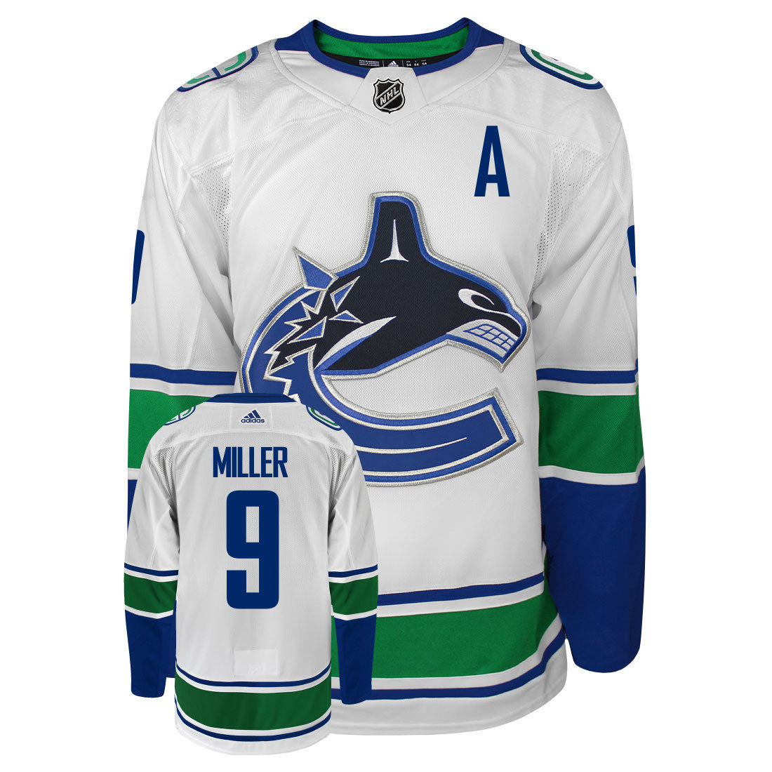 JT Miller Vancouver Canucks Adidas Primegreen Authentic Away NHL Hockey Jersey - Front/Back View