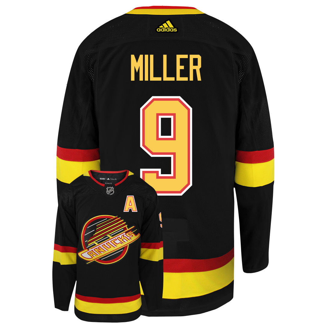 JT Miller Vancouver Canucks Adidas Primegreen Authentic Third Alternate NHL Hockey Jersey - Back/Front View