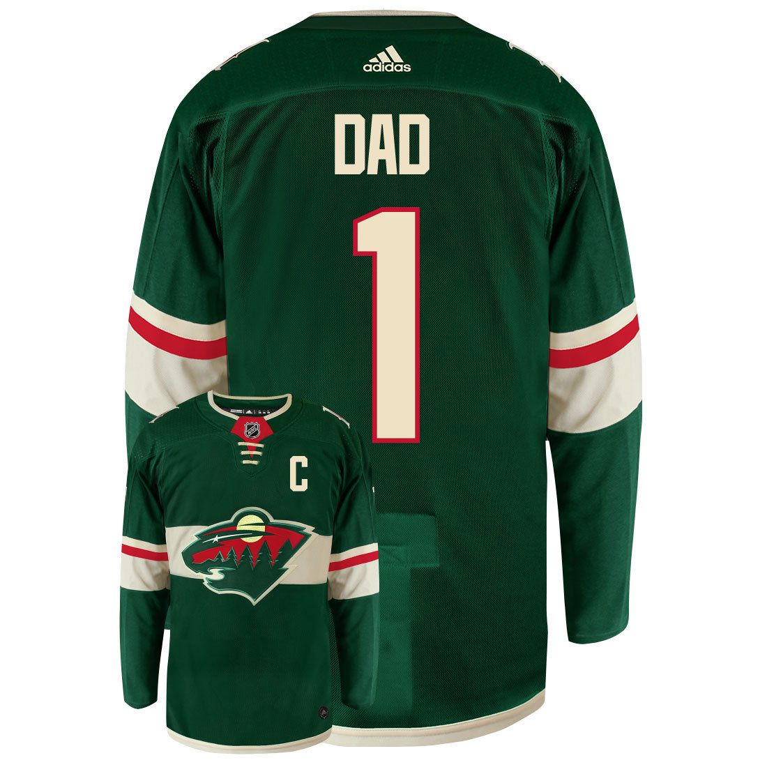 Minnesota Wild Dad Number One Adidas Primegreen Authentic NHL Hockey Jersey - Back/Front View