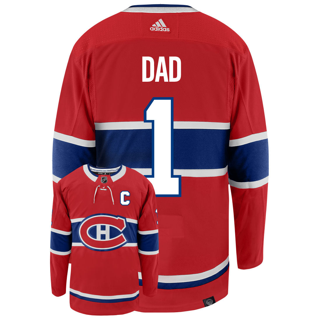 Montreal Canadiens Dad Number One Adidas Primegreen Authentic NHL Hockey Jersey - Back/Front View