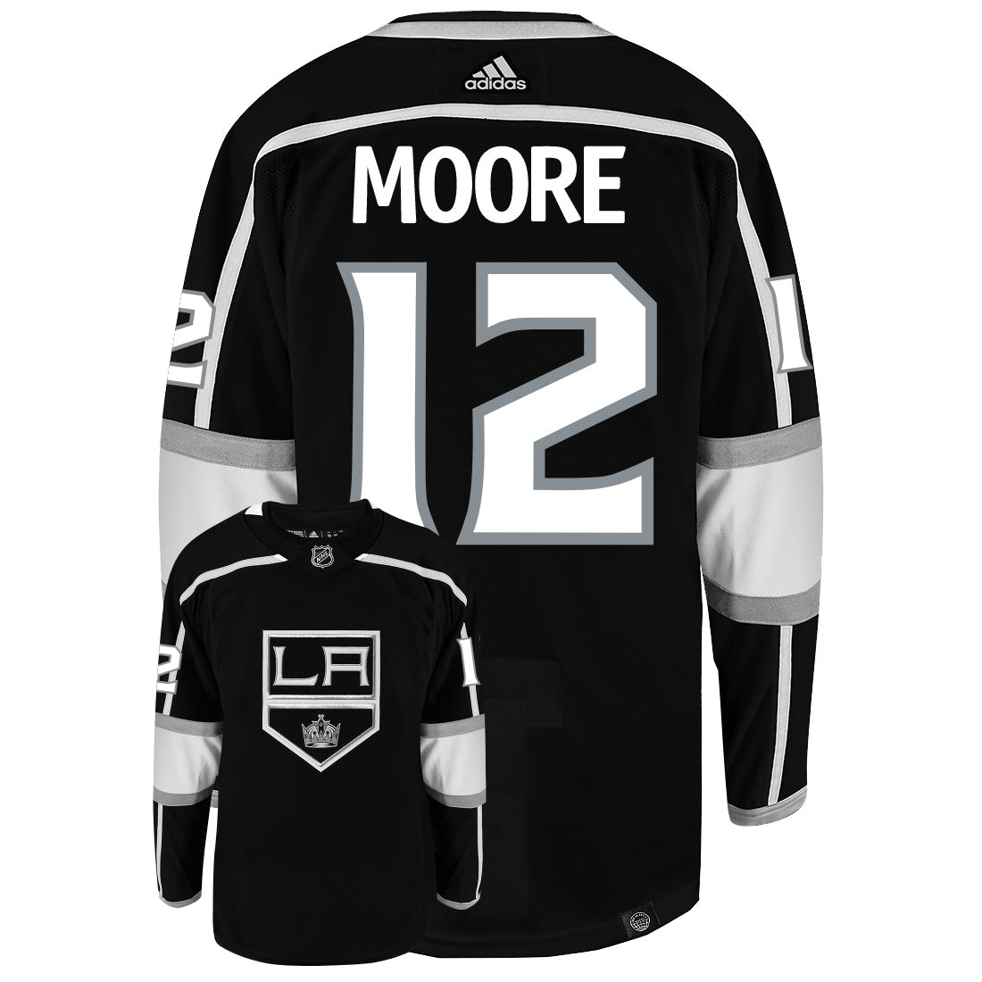 Trevor Moore Los Angeles Kings Adidas Primegreen Authentic Home NHL Hockey Jersey - Back/Front View