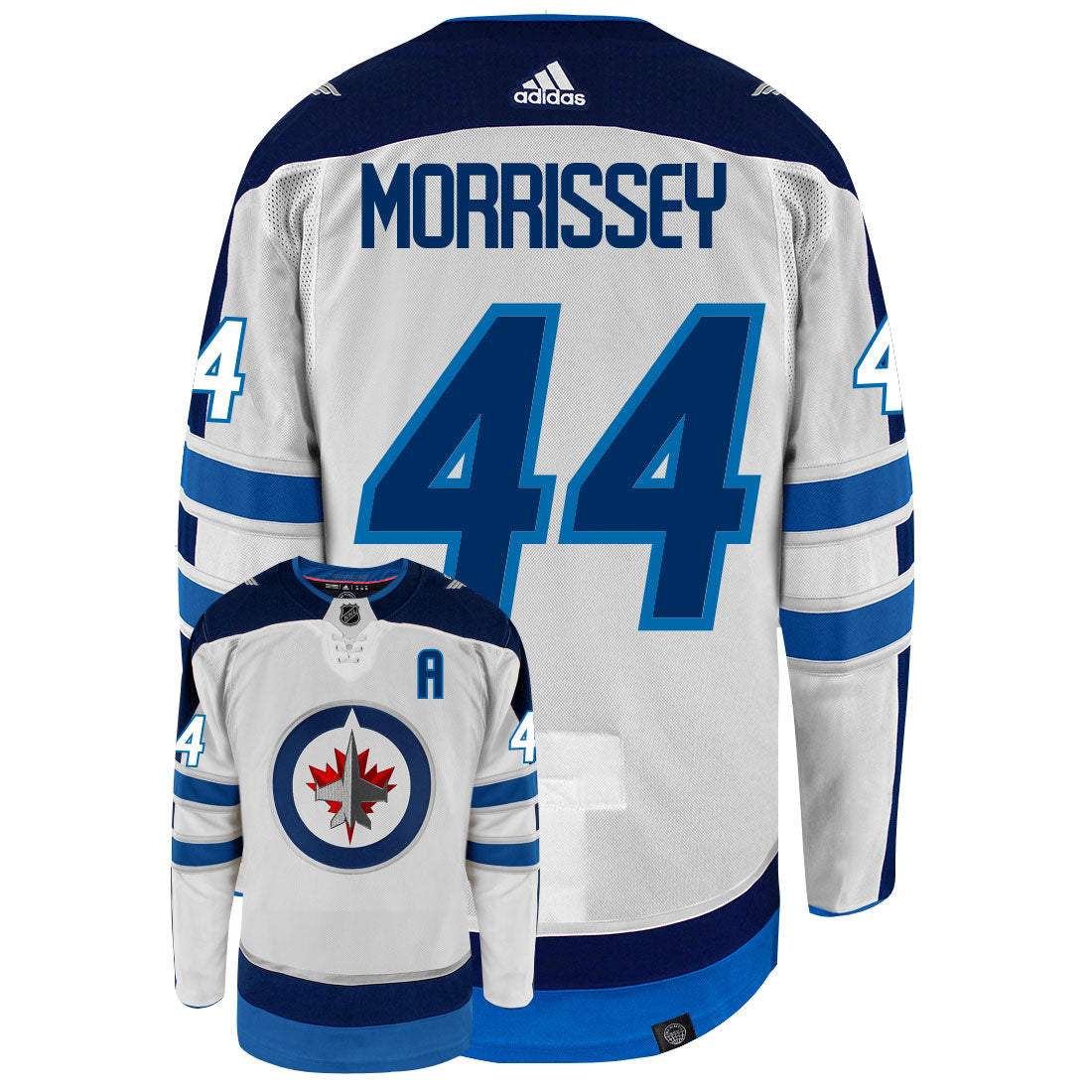 Josh Morrissey Winnipeg Jets Adidas Primegreen Authentic Away NHL Hockey Jersey - Back/Front View