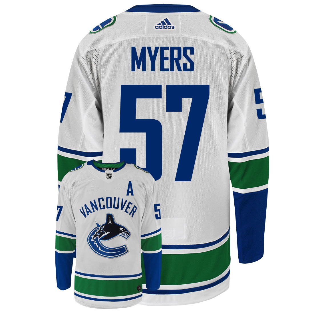 Tyler Myers Vancouver Canucks Adidas Primegreen Authentic Away NHL Hockey Jersey - Back/Front View