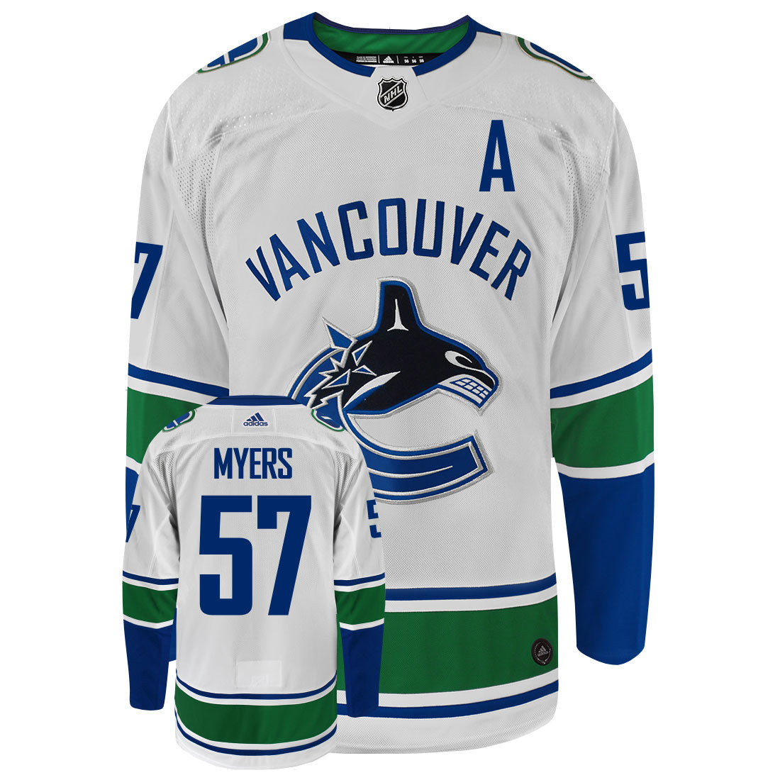 Tyler Myers Vancouver Canucks Adidas Primegreen Authentic Away NHL Hockey Jersey - Front/Back View