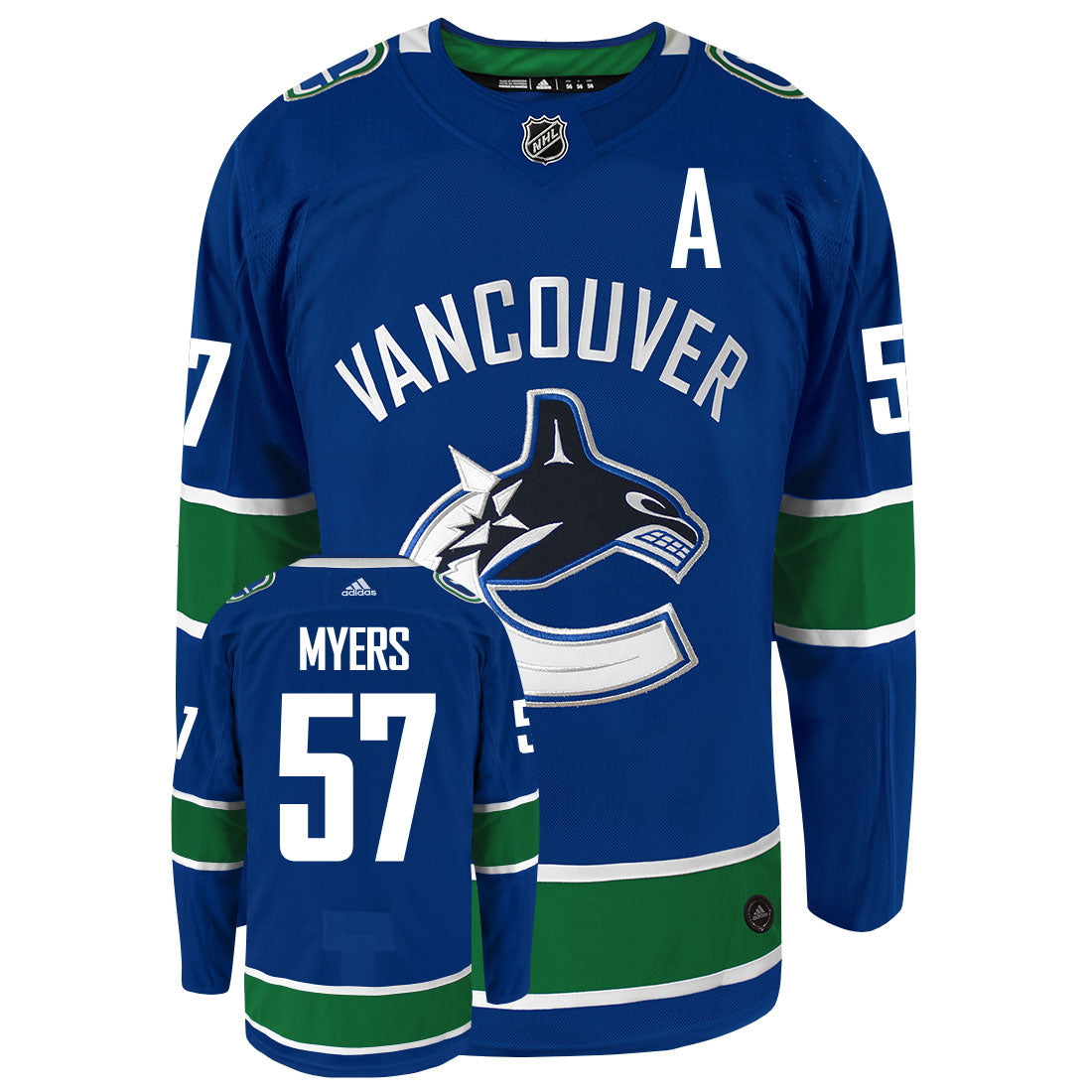 Tyler Myers Vancouver Canucks Adidas Primegreen Authentic Home NHL Hockey Jersey - Front/Back  View