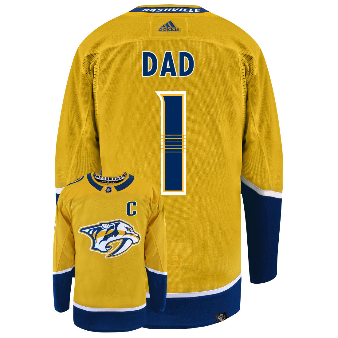 Nashville Predators Dad Number One Adidas Primegreen Authentic NHL Hockey Jersey - Back/Front View