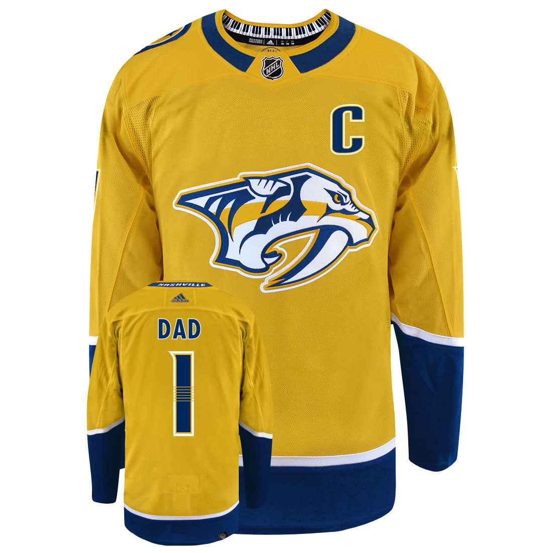 Nashville Predators Dad Number One Adidas Primegreen Authentic NHL Hockey Jersey - Front/Back View