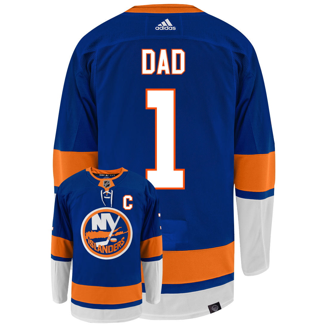New York Islanders Dad Number One Adidas Primegreen Authentic NHL Hockey Jersey - Back/Front View