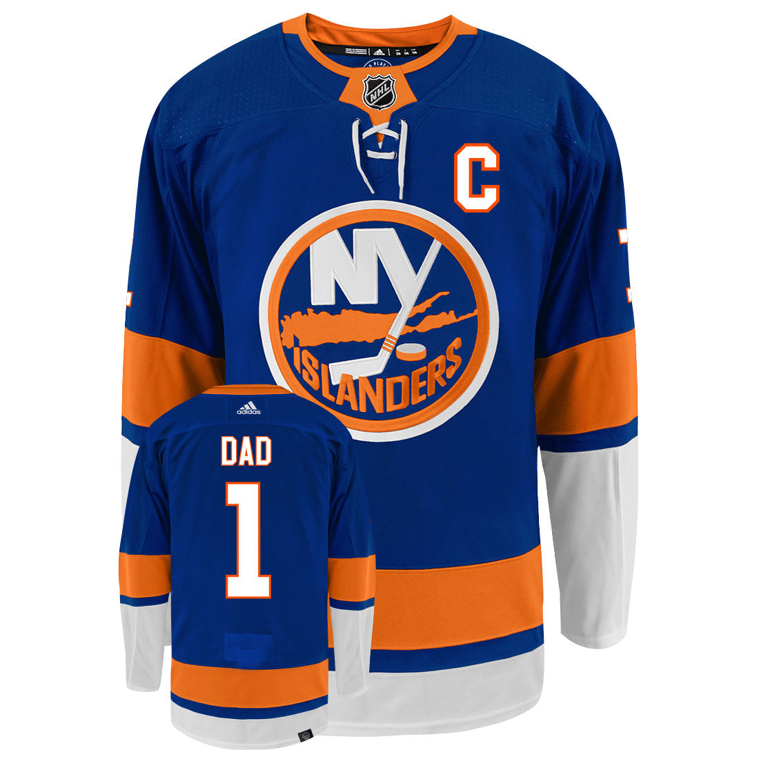 New York Islanders Dad Number One Adidas Primegreen Authentic NHL Hockey Jersey - Front/Back View