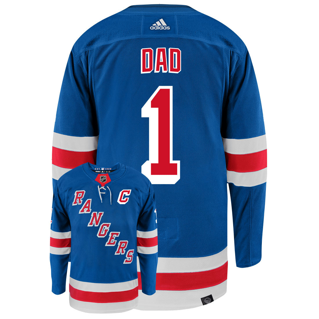 New York Rangers Dad Number One Adidas Primegreen Authentic NHL Hockey Jersey - Back/Front View