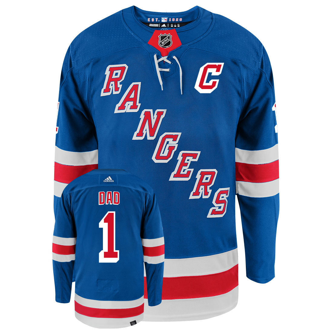 New York Rangers Dad Number One Adidas Primegreen Authentic NHL Hockey Jersey - Front/Back View