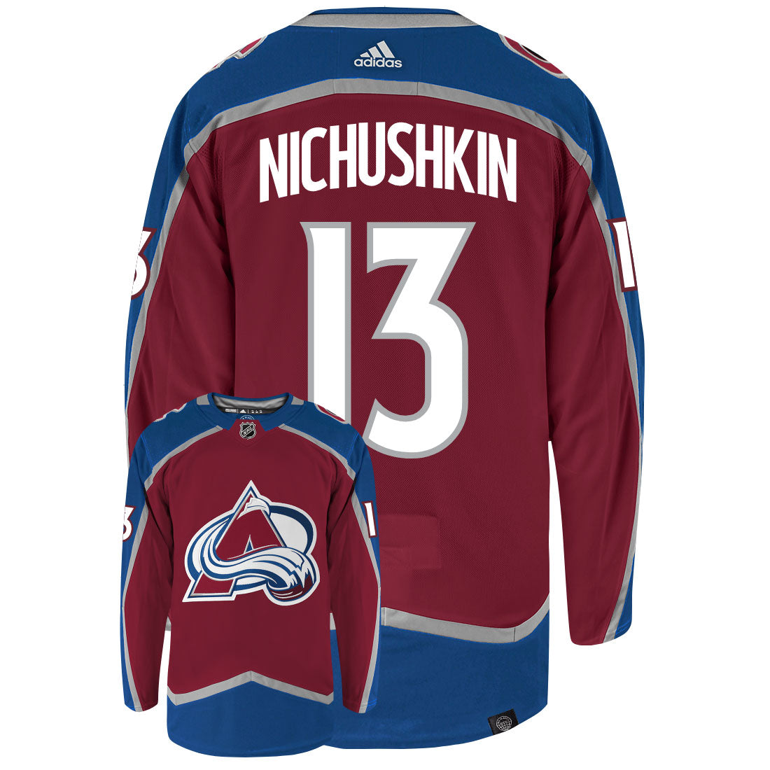 Valeri Nichushkin Colorado Avalanche Adidas Primegreen Authentic Home NHL Hockey Jersey - Back/Front View