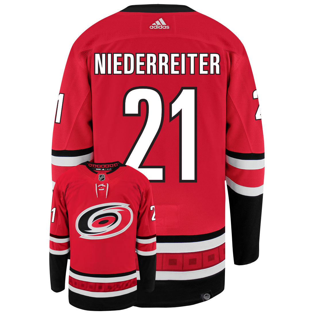 Nino Niederreiter Carolina Hurricanes Adidas Primegreen Authentic Home NHL Hockey Jersey - Back/Front View