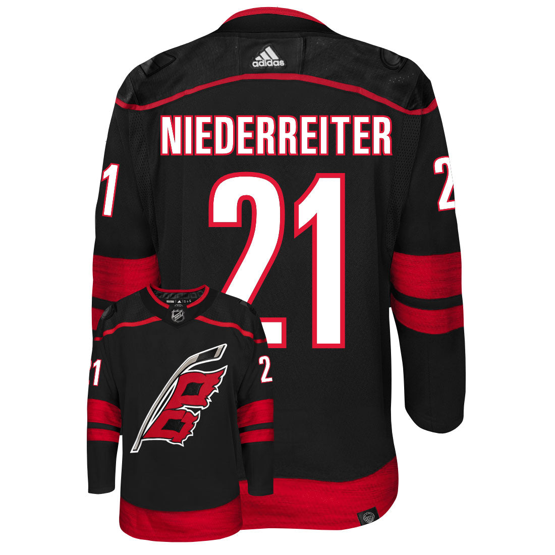 Nino Niederreiter Carolina Hurricanes Adidas Primegreen Authentic Third Alternate NHL Hockey Jersey - Back/Front View