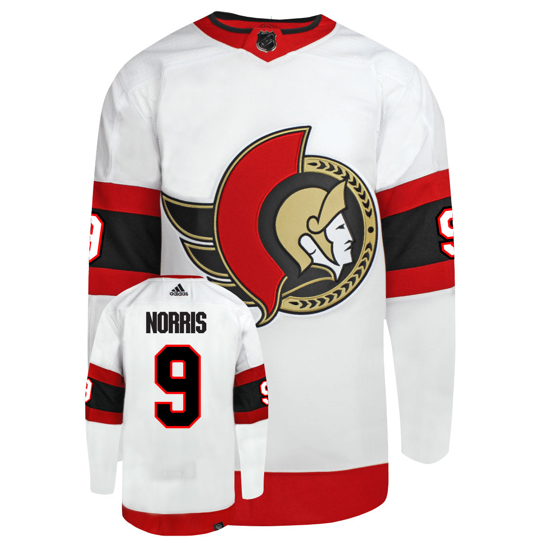 Josh Norris Ottawa Senators Adidas Primegreen Authentic Away NHL Hockey Jersey - Front/Back View