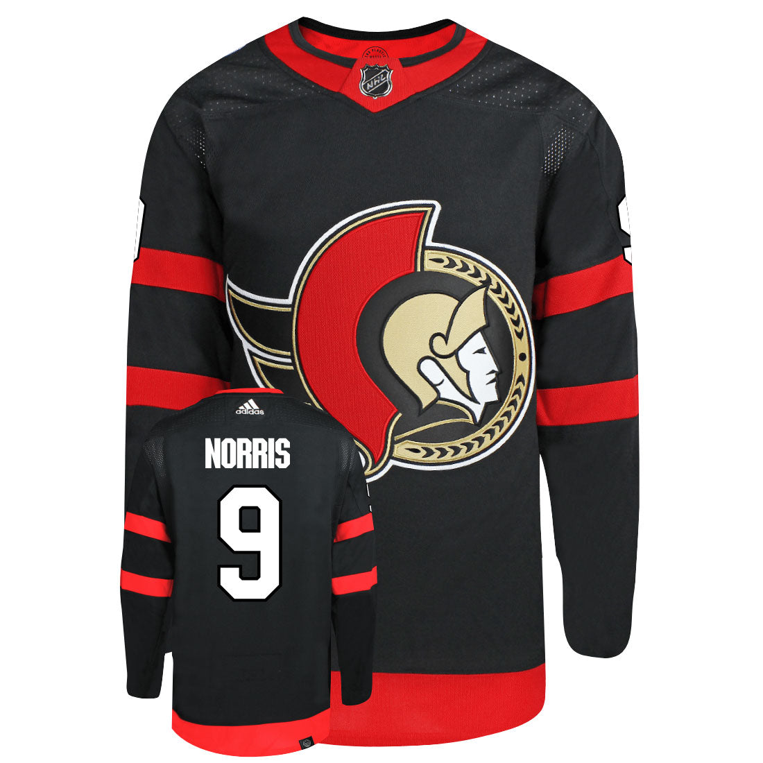 Josh Norris Ottawa Senators Adidas Primegreen Authentic Home NHL Hockey Jersey - Front/Back View