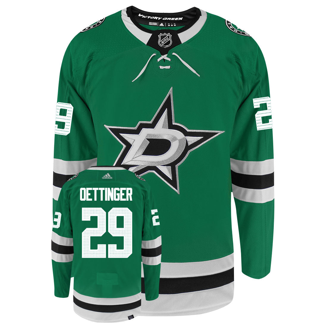 Jake Oettinger Dallas Stars Adidas Primegreen Authentic Home NHL Hockey Jersey - Front/Back View