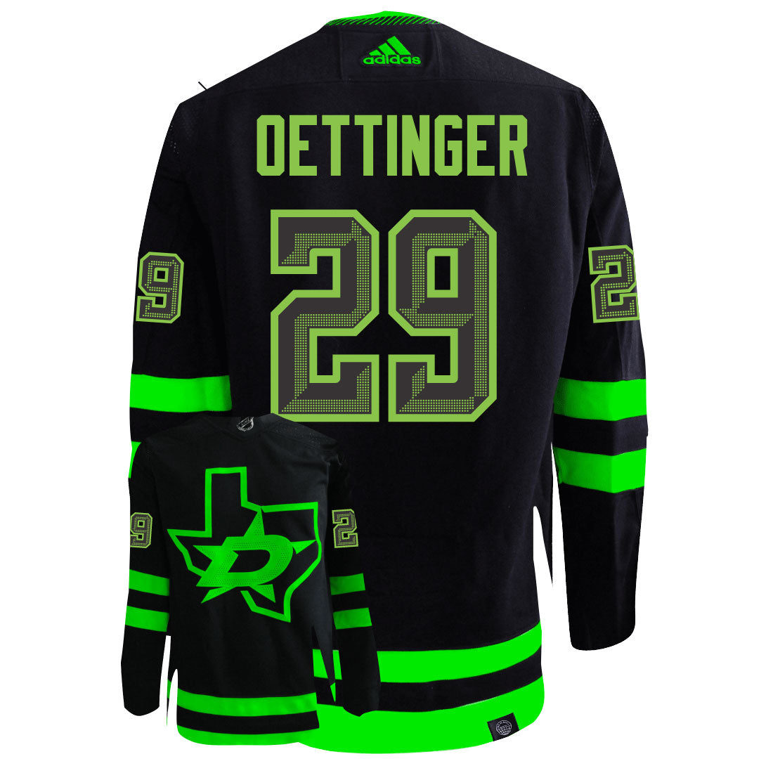 Jake Oettinger Dallas Stars Adidas Primegreen Authentic Third Alternate NHL Hockey Jersey - Back/Front View