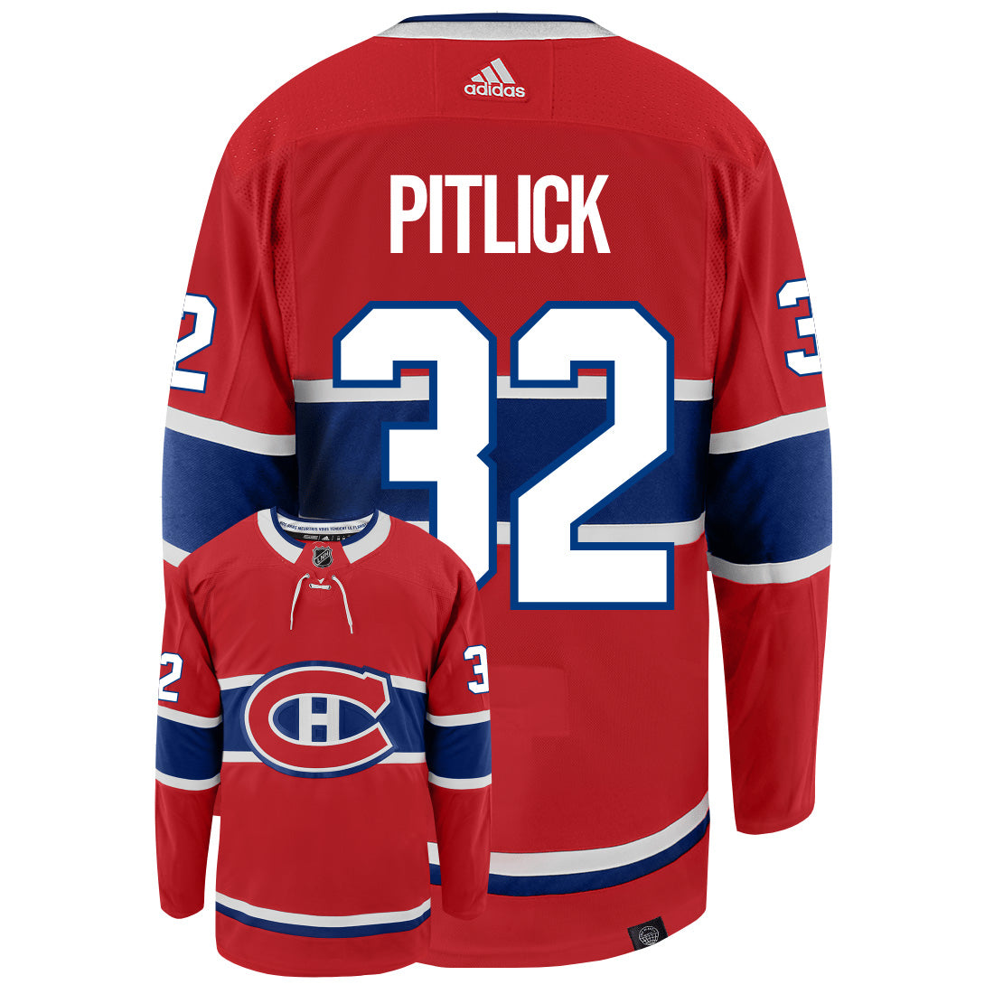 Rem Pitlick Montreal Canadiens Adidas Primegreen Authentic Home NHL Hockey Jersey - Back/Front View