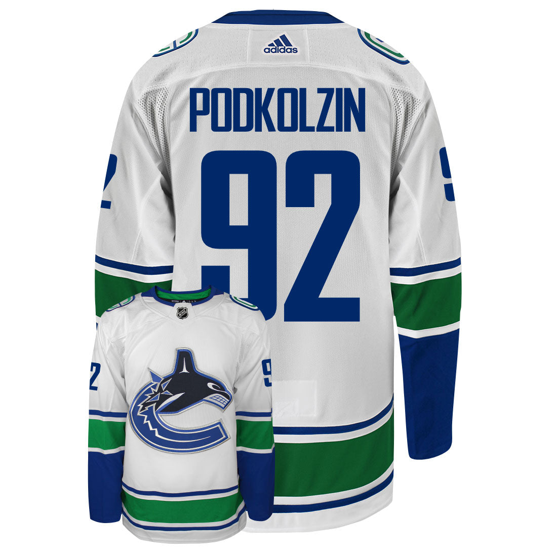 Vasily Podkolzin Vancouver Canucks Adidas Primegreen Authentic Away NHL Hockey Jersey - Back/Front View