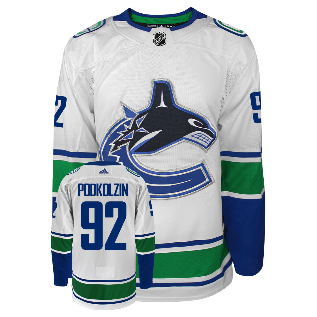 Vasily Podkolzin Vancouver Canucks Adidas Primegreen Authentic Away NHL Hockey Jersey - Front/Back View