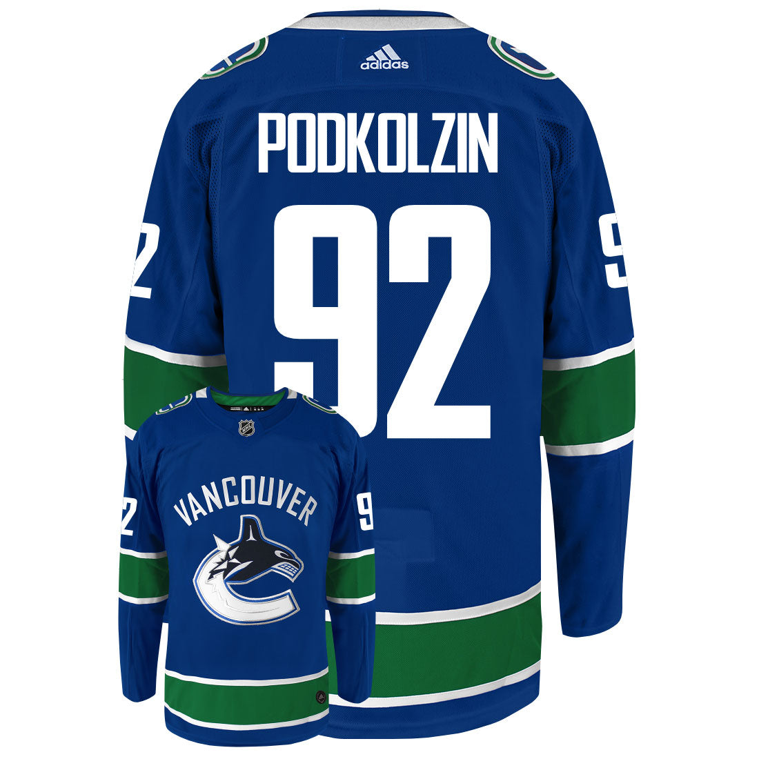 Vasily Podkolzin Vancouver Canucks Adidas Primegreen Authentic Home NHL Hockey Jersey - Back/Front View
