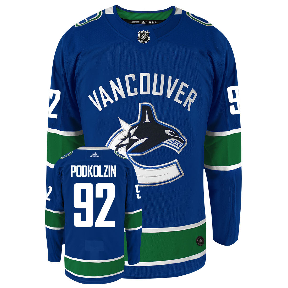 Vasily Podkolzin Vancouver Canucks Adidas Primegreen Authentic Home NHL Hockey Jersey - Front/Back View