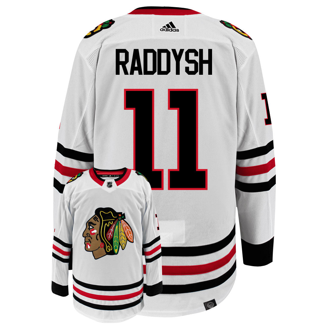 Taylor Raddysh Chicago Blackhawks Adidas Primegreen Authentic Away NHL Hockey Jersey - Back/Front View