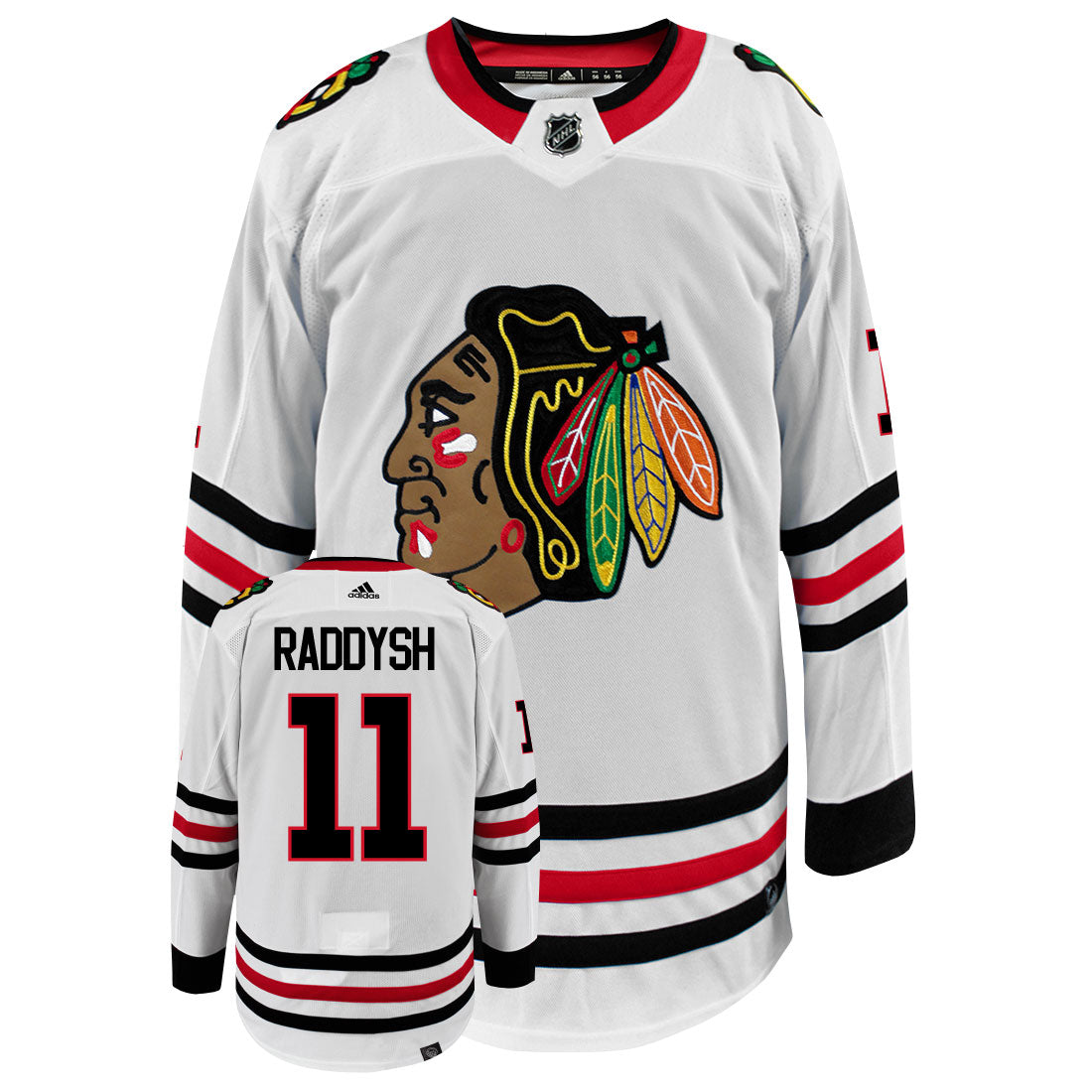 Taylor Raddysh Chicago Blackhawks Adidas Primegreen Authentic Away NHL Hockey Jersey - Front/Back View