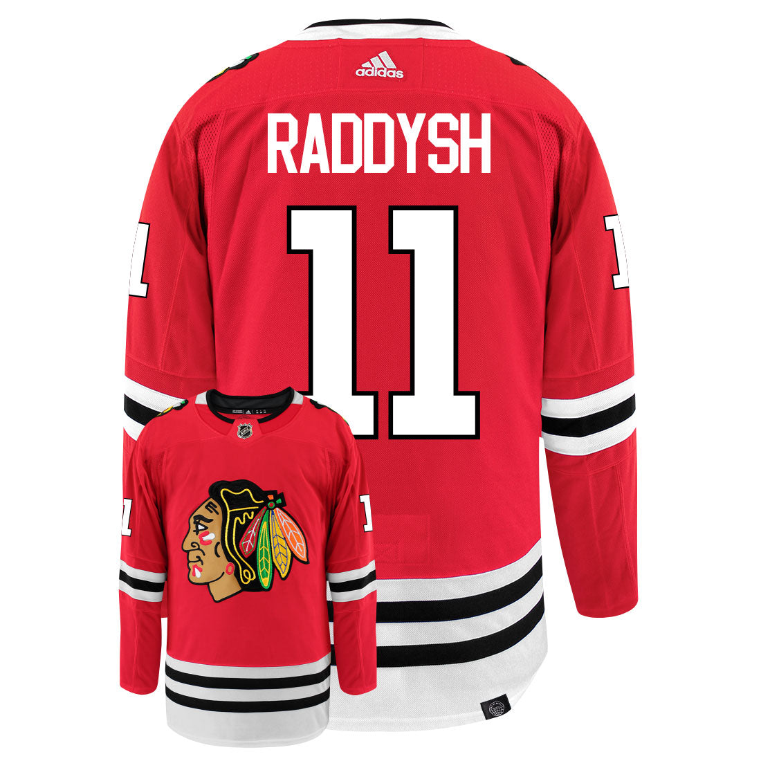 Taylor Raddysh Chicago Blackhawks Adidas Primegreen Authentic Home NHL Hockey Jersey - Back/Front View