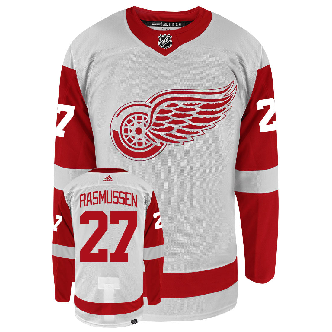 Michael Rasmussen Detroit Red Wings Adidas Primegreen Authentic Away NHL Hockey Jersey - Front/Back View
