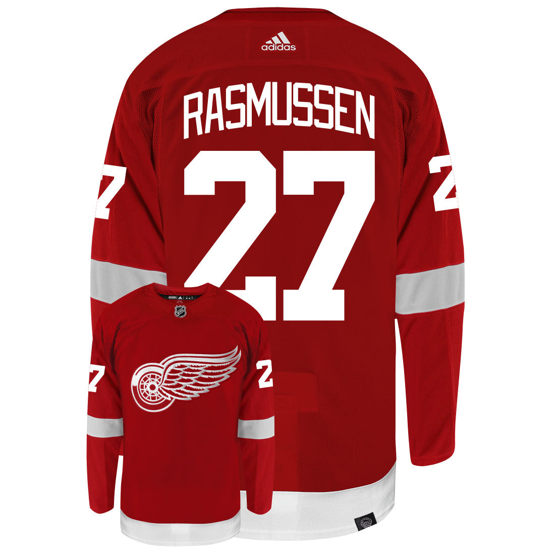 Michael Rasmussen Detroit Red Wings Adidas Primegreen Authentic Home NHL Hockey Jersey - Back/Front View