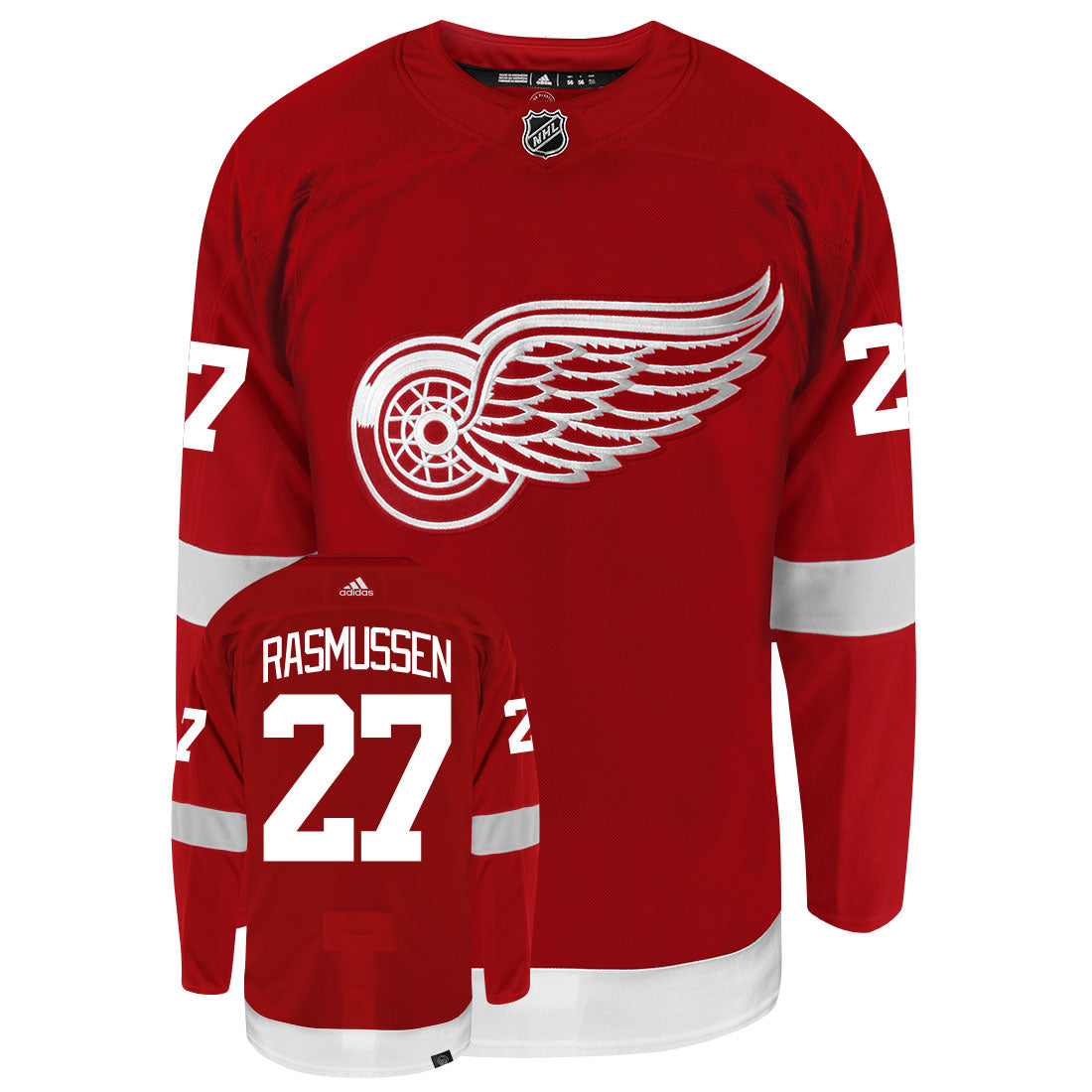 Michael Rasmussen Detroit Red Wings Adidas Primegreen Authentic Home NHL Hockey Jersey - Front/Back View