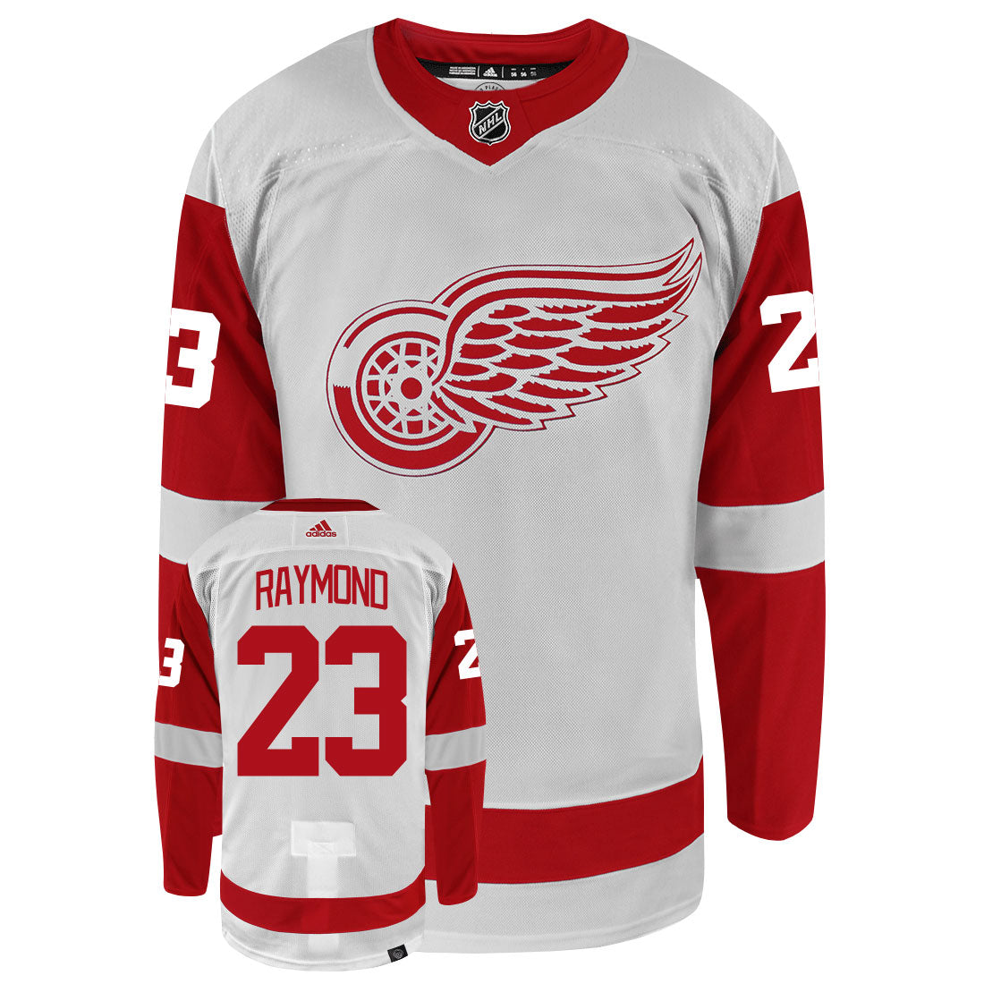 Lucas Raymond Detroit Red Wings Adidas Primegreen Authentic Away NHL Hockey Jersey - Front/Back View