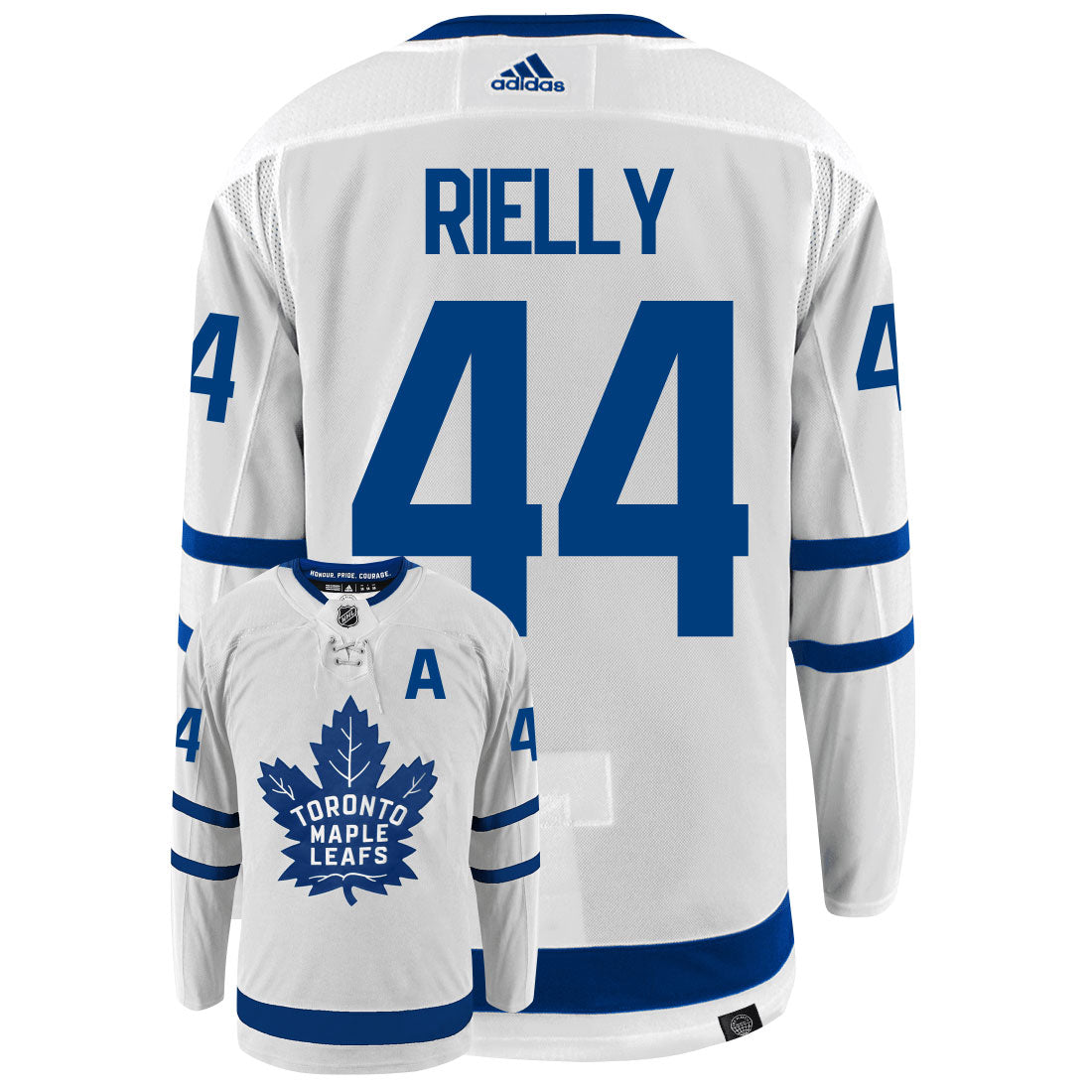 Morgan Rielly Toronto Maple Leafs Adidas Primegreen Authentic Away NHL Hockey Jersey - Back/Front View