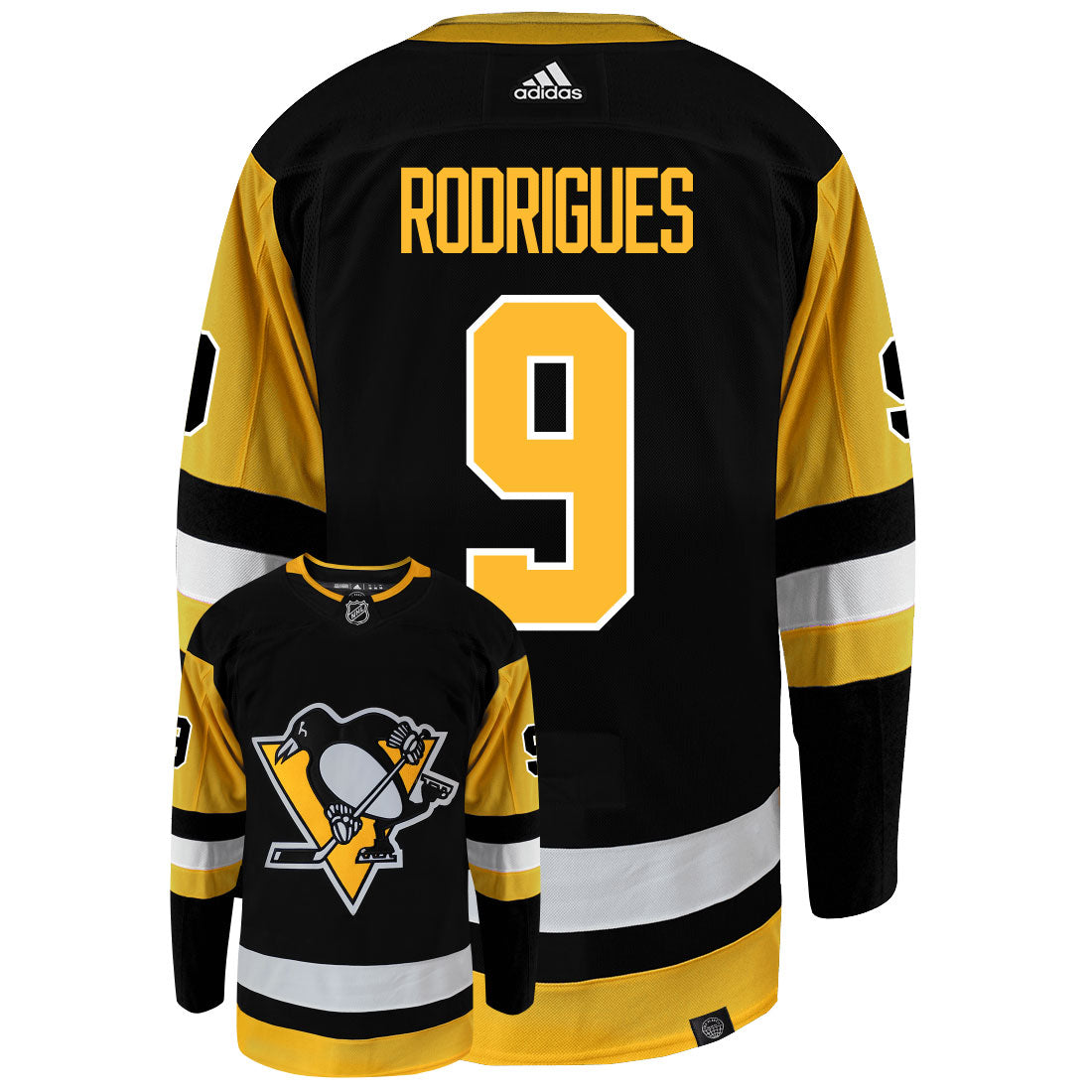 Evan Rodrigues Pittsburgh Penguins Adidas Primegreen Authentic NHL Hockey Jersey - Back/Front View