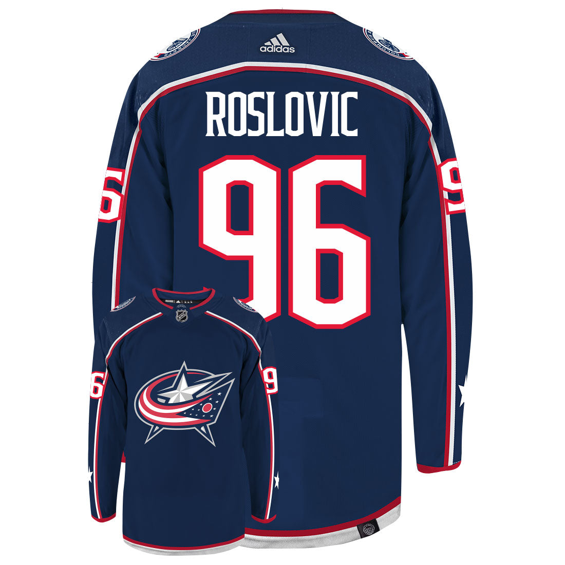 Jack Roslovic Columbus Blue Jackets Adidas Primegreen Authentic Home NHL Hockey Jersey - Back/Front View