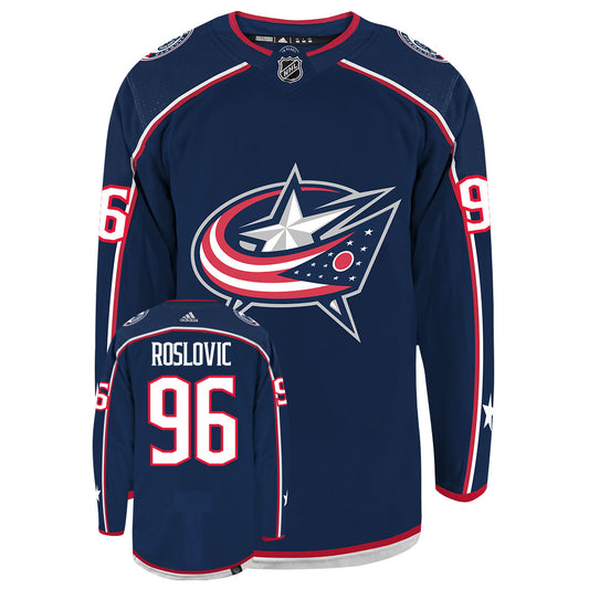 Jack Roslovic Columbus Blue Jackets Adidas Primegreen Authentic Home NHL Hockey Jersey - Front/Back View