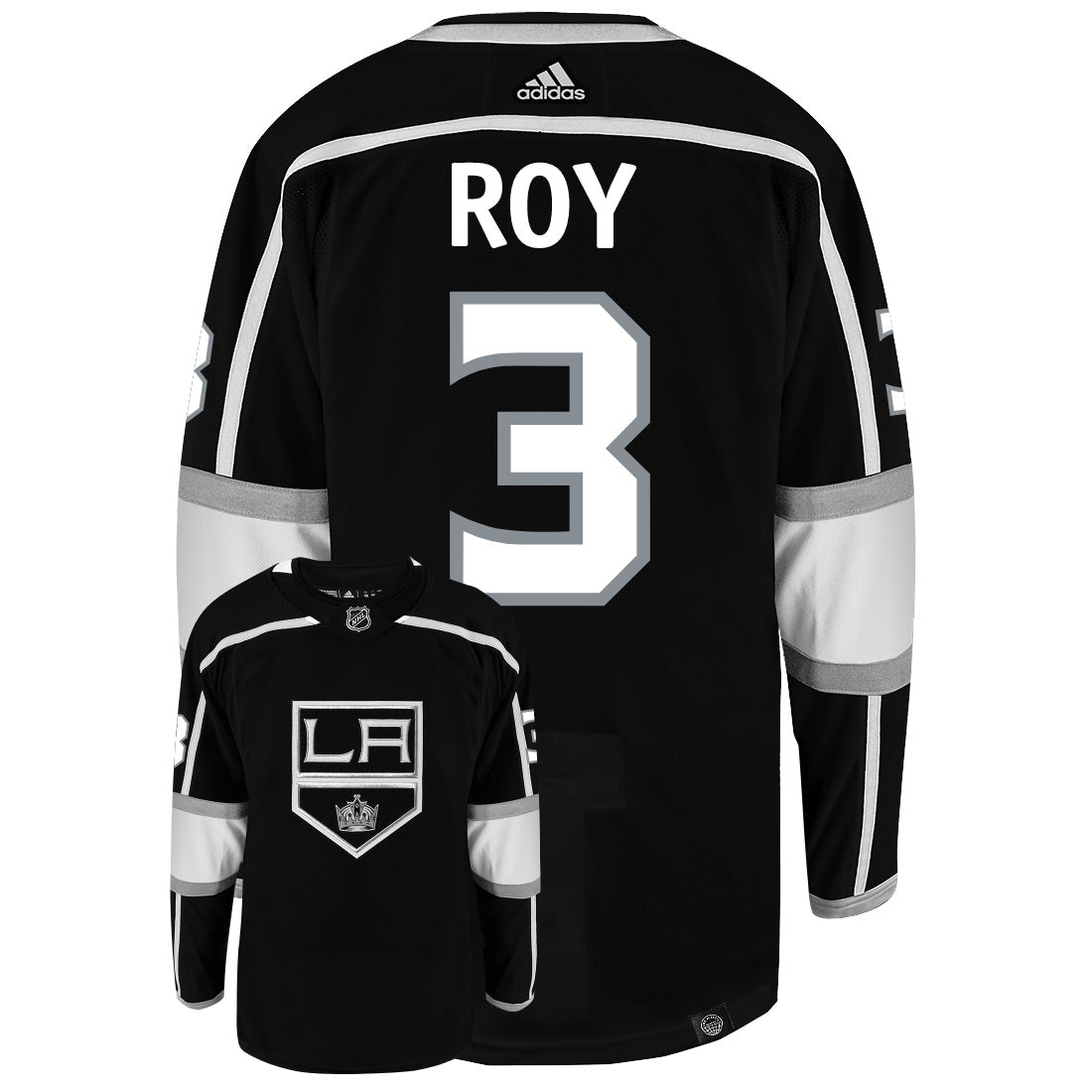 Matt Roy Los Angeles Kings Adidas Primegreen Authentic Home NHL Hockey Jersey - Back/Front View