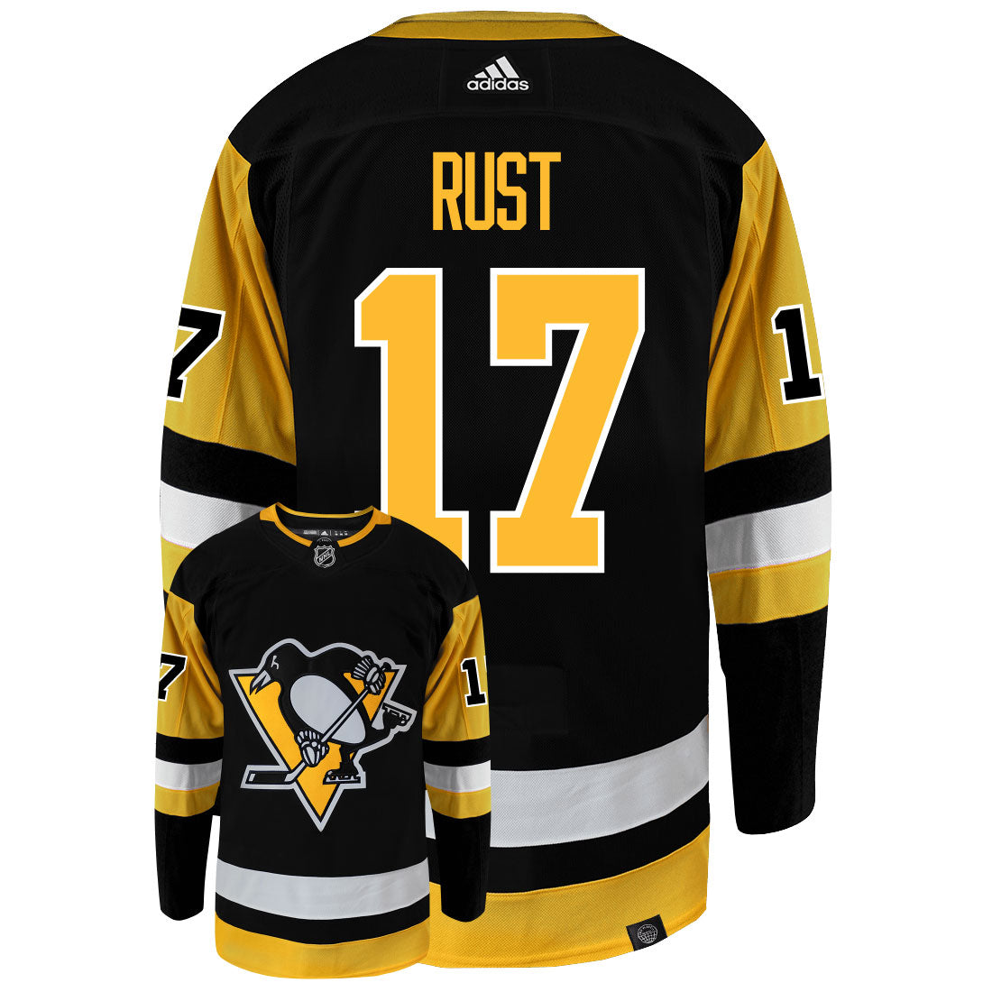 Bryan Rust Pittsburgh Penguins Adidas Primegreen Authentic NHL Hockey Jersey - Back/Front View