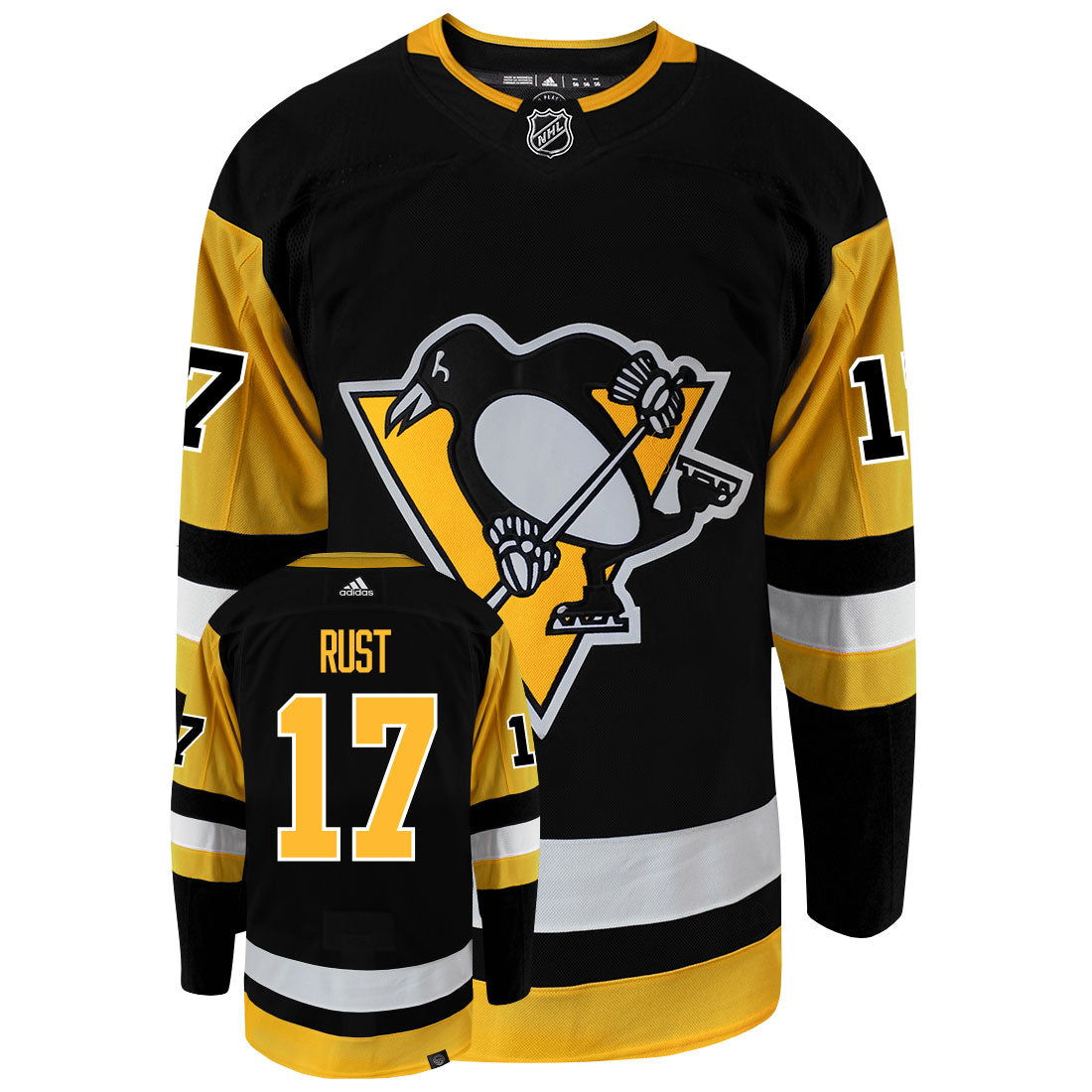 Bryan Rust Pittsburgh Penguins Adidas Primegreen Authentic NHL Hockey Jersey - Front/Back View