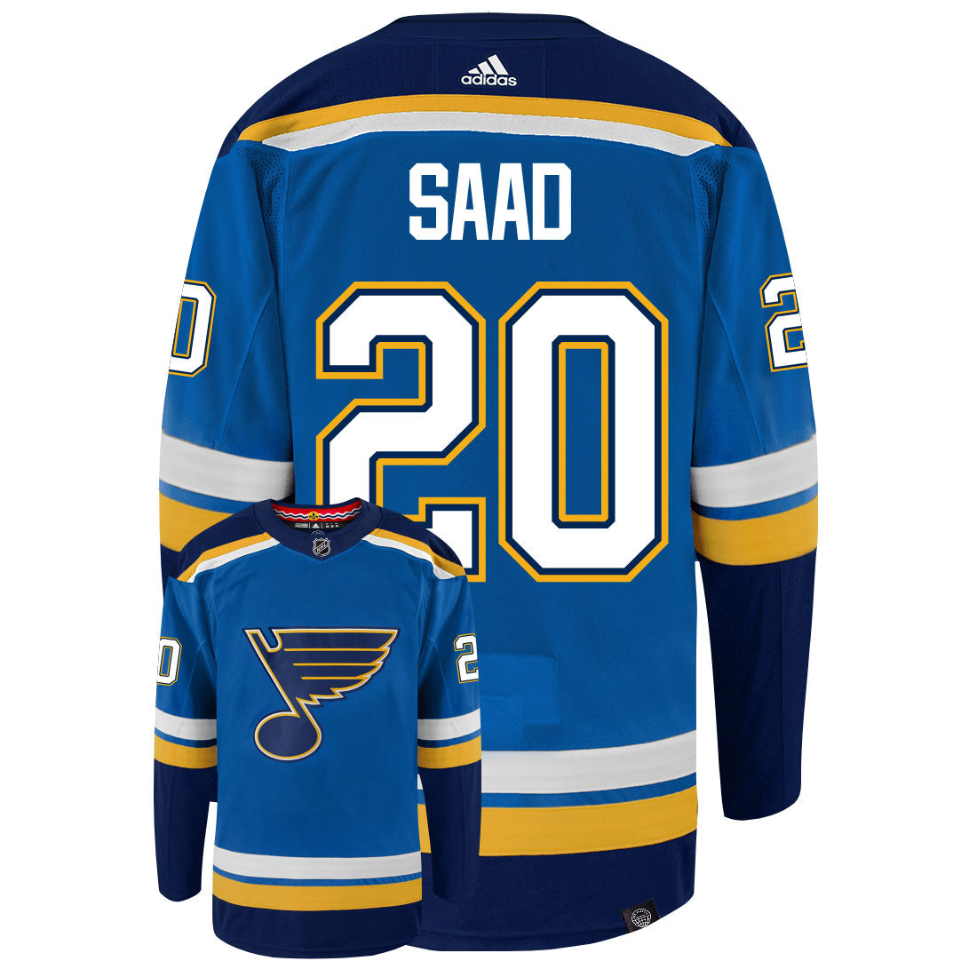Brandon Saad St Louis Blues Adidas Primegreen Authentic Home NHL Hockey Jersey - Back/Front View