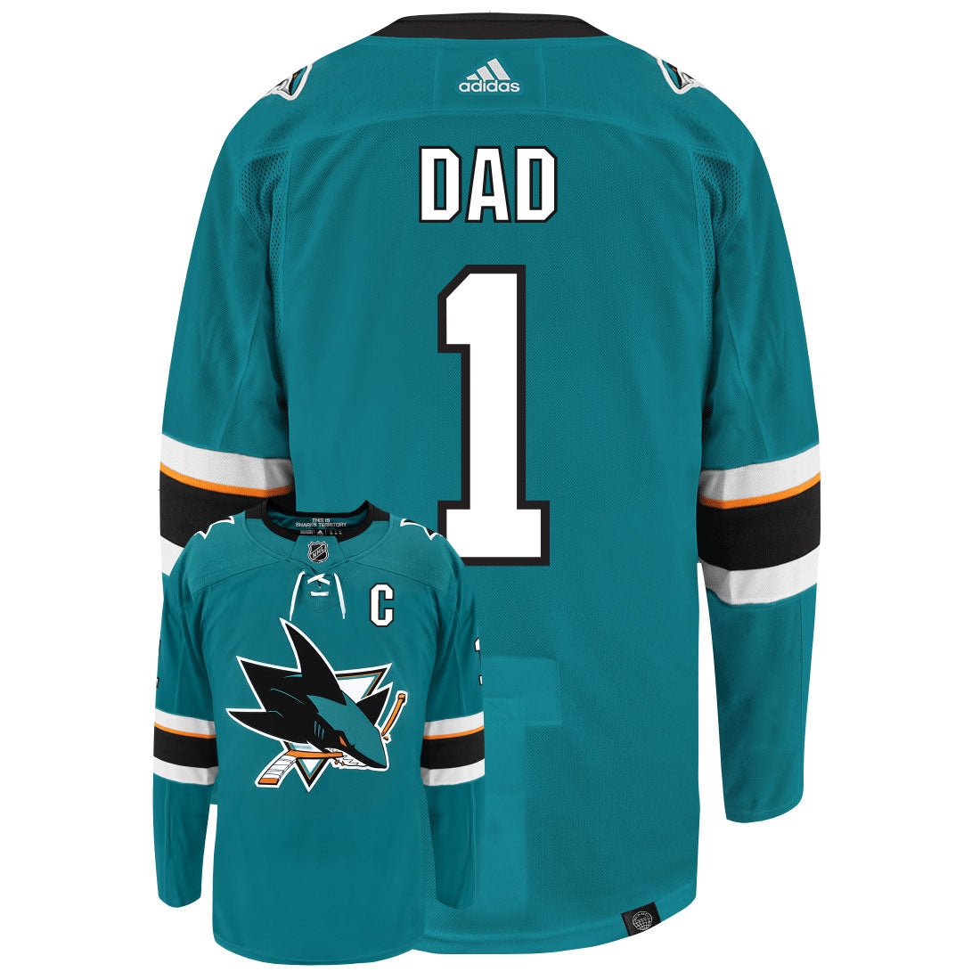 San Jose Sharks Dad Number One Adidas Primegreen Authentic NHL Hockey Jersey - Back/Front View