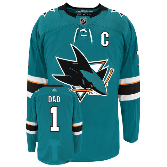 San Jose Sharks Dad Number One Adidas Primegreen Authentic NHL Hockey Jersey - Front/Back View