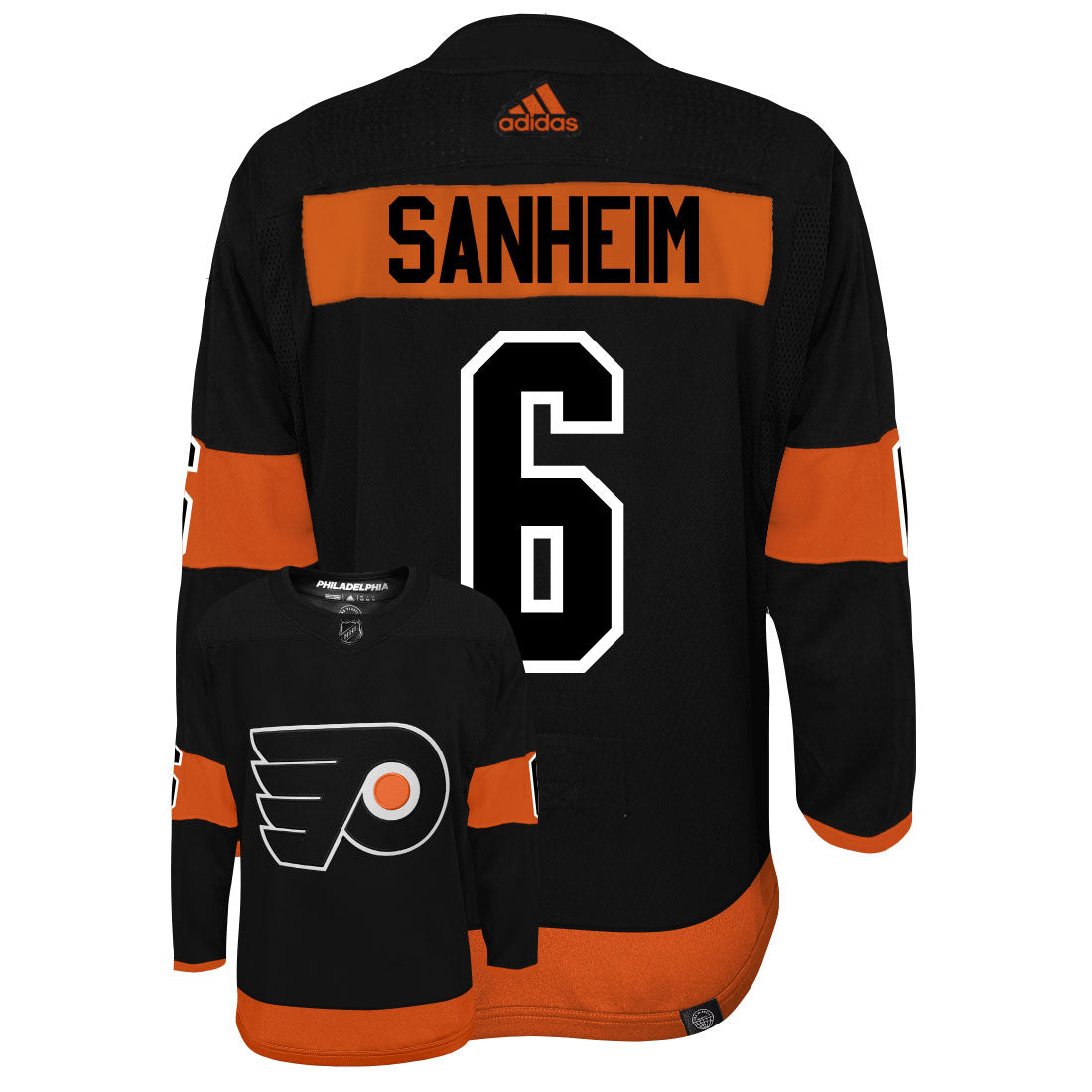 Travis Sanheim Philadelphia Flyers Adidas Primegreen Authentic Third Alternate NHL Hockey Jersey - Back/Front View