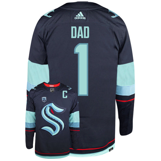 Seattle Kraken Dad Number One Adidas Primegreen Authentic NHL Hockey Jersey - Back/Front View
