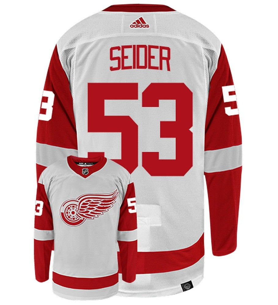 Moritz Seider Detroit Red Wings Adidas Primegreen Authentic Away NHL Hockey Jersey - Back/Front View