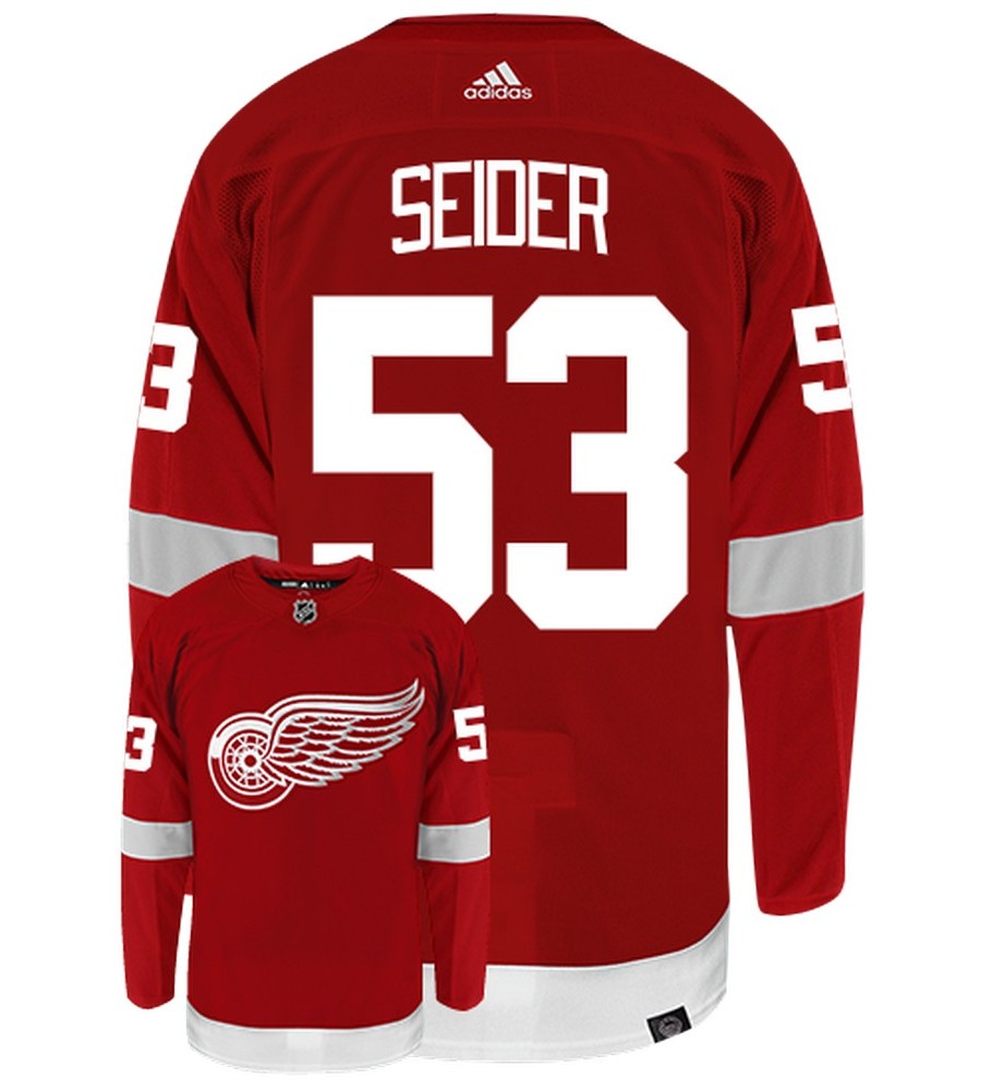 Moritz Seider Detroit Red Wings Adidas Primegreen Authentic Home NHL Hockey Jersey - Back/Front View