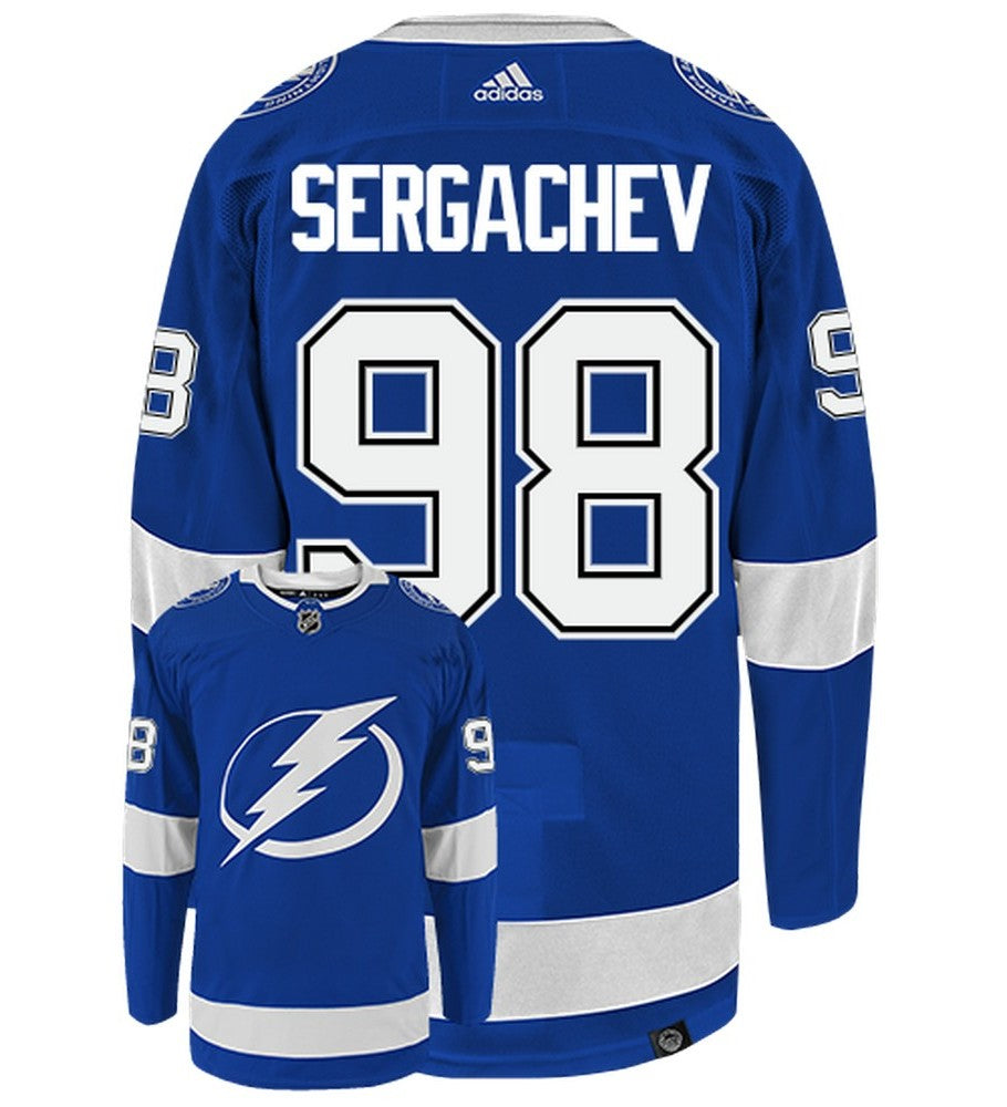 Mikhail Sergachev Tampa Bay Lightning Adidas Primegreen Authentic NHL Hockey Jersey - Back/Front View